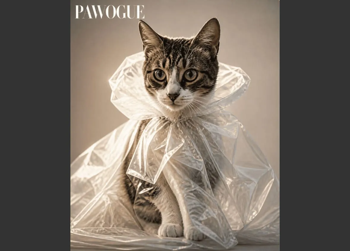 Seedvideo output: a tabby cat in a ruffled transparent-plastic collar, front-facing on a mock 'Pawogue' pet fashion magazine cover